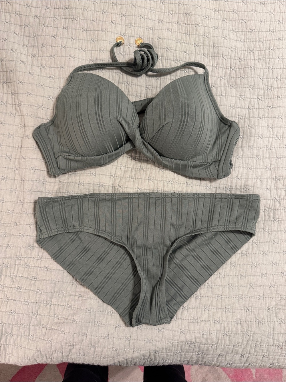 Vince Camuto Olive Ribbed Molded Cup Bikini Set